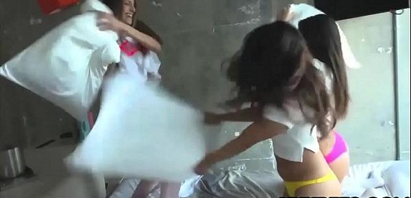  Three teens having a pillow fight and a groupsex party